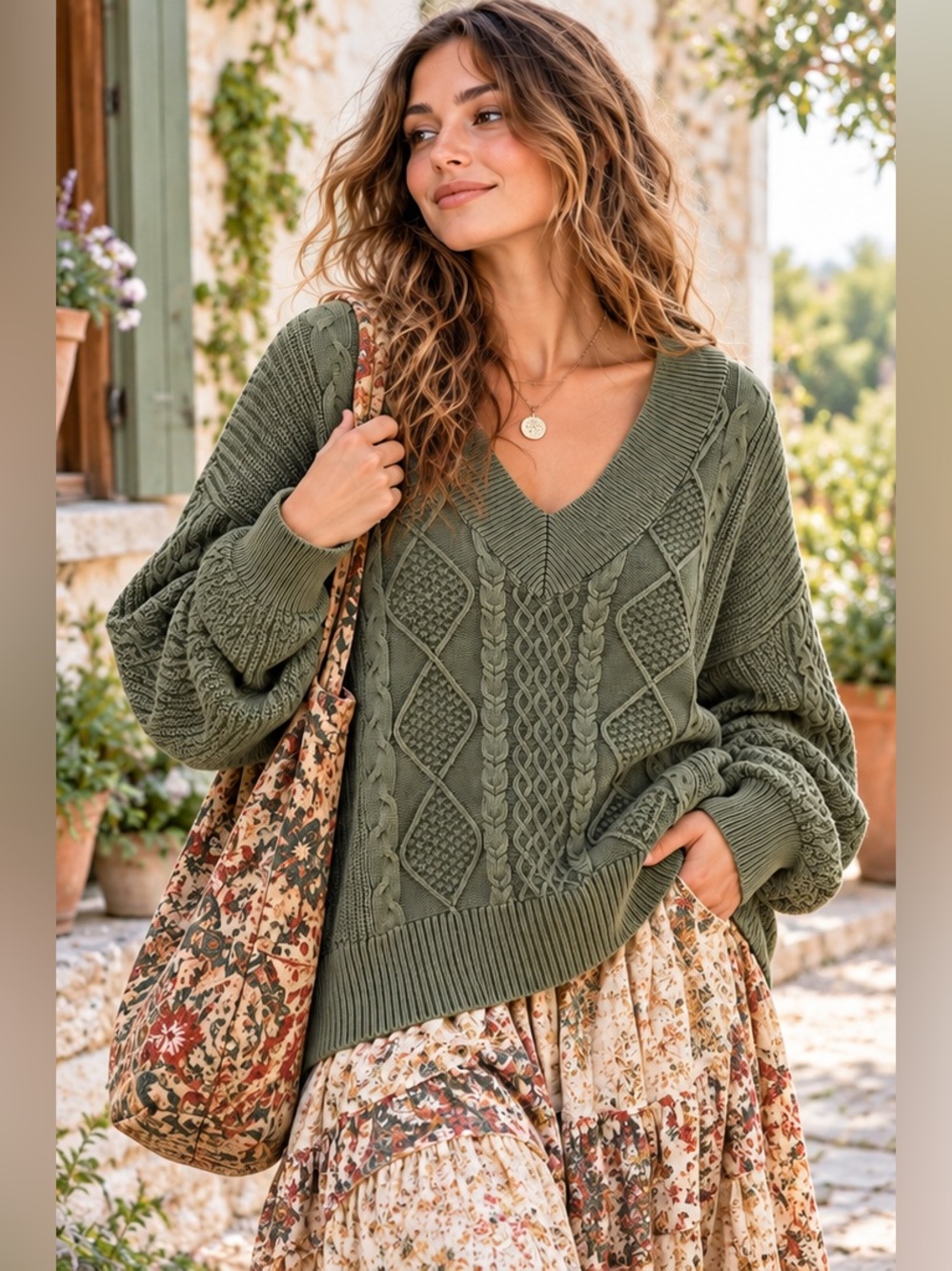 aerie Olive Cable-Knit V-Neck Earthy Boho Granola Cottagecore Sweater Larg